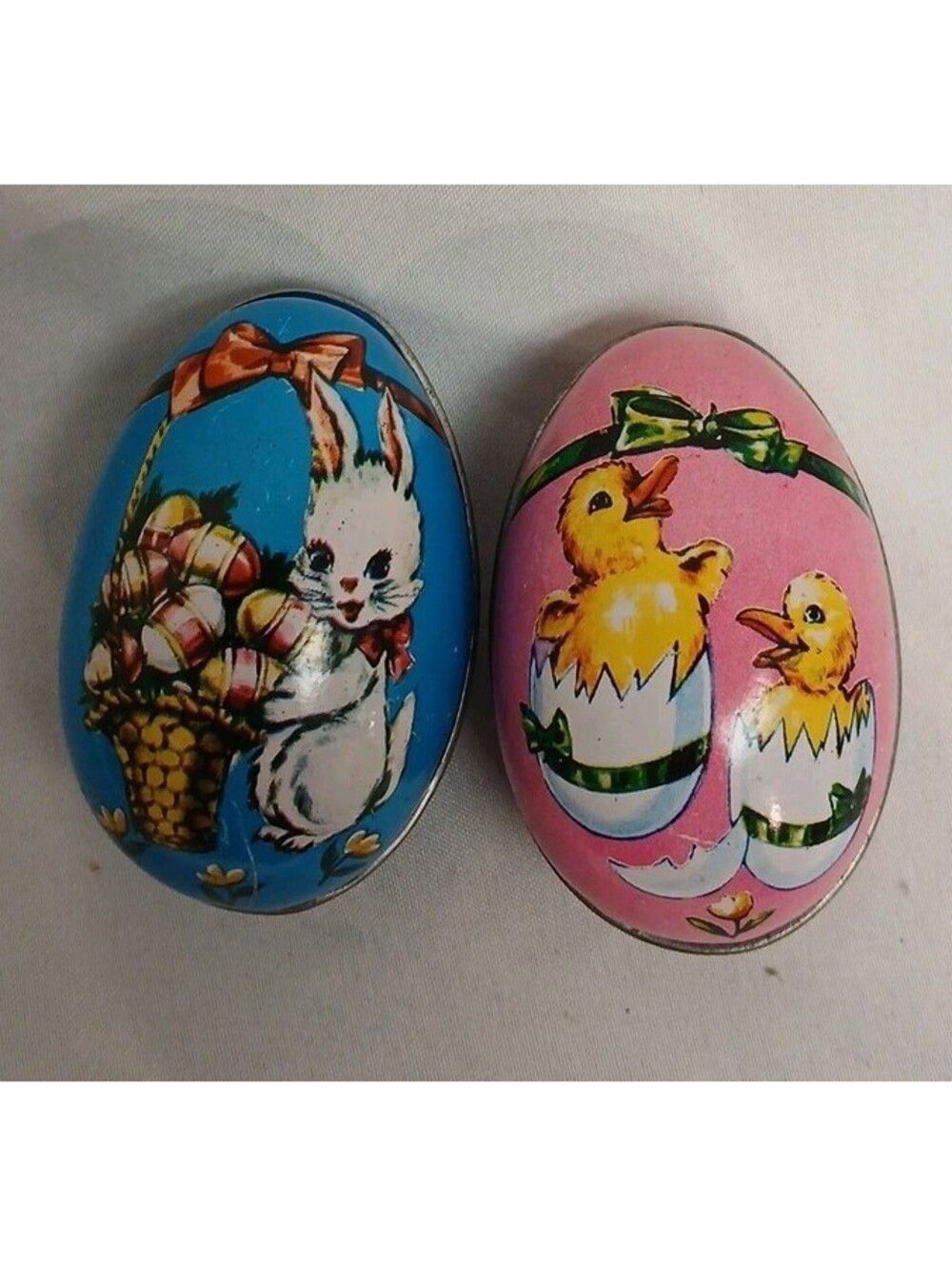 2 Vintage Murray Allen Tin Litho Egg Baby Ducks Easter Bunny Basket